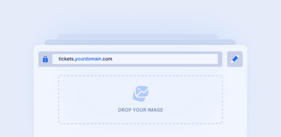 Stylized webpage screenshot with text "tickets.yourdomain.com" in URL bar