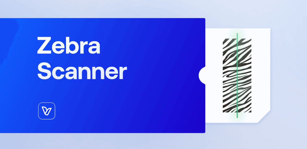 Blaue Ticketgrafik mit vivenu Logo und Text "Zebra Scanner" mit Zebramuster-Barcode