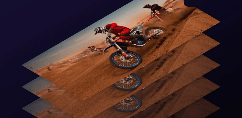 A stack of 5 photos of a motocross event taking place