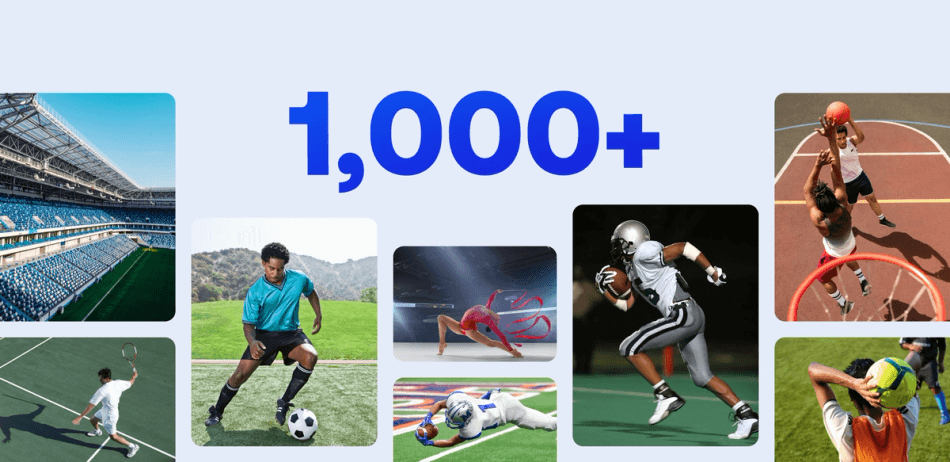 Photos and icons featuring various sports and sporting events with text "1,000+"