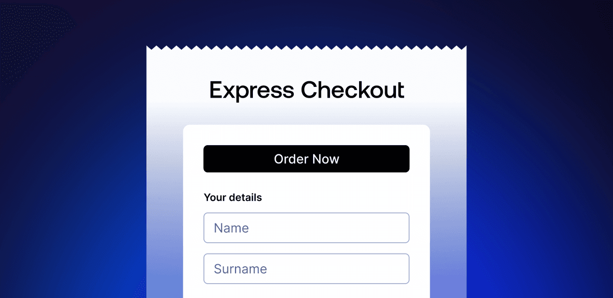 Graphic displaying a check mark with the text "Express checkout" and "Your payment was successful!"
