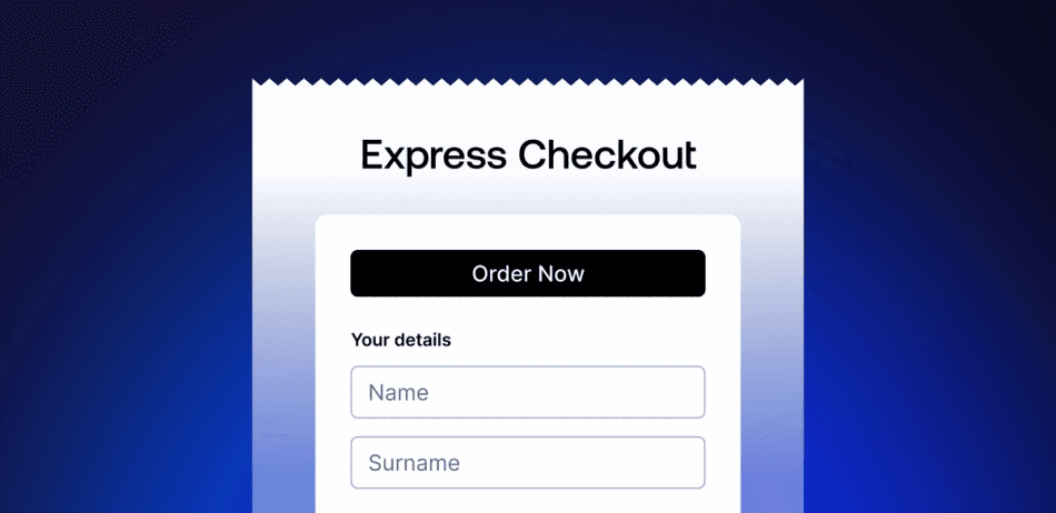 Graphic displaying a check mark with the text "Express checkout" and "Your payment was successful!"