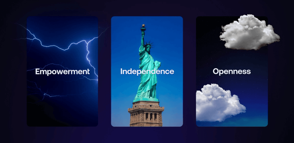 Three images: text "empowerment" over a lightning bolt, text "independence" over the Statue of Liberty, and text "openness" over a pair of clouds
