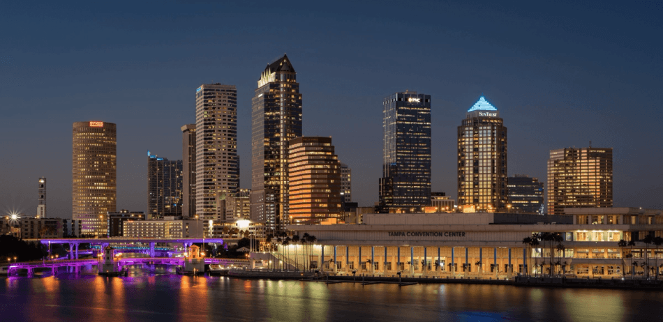 City skyline of Tampa, FL at sunset